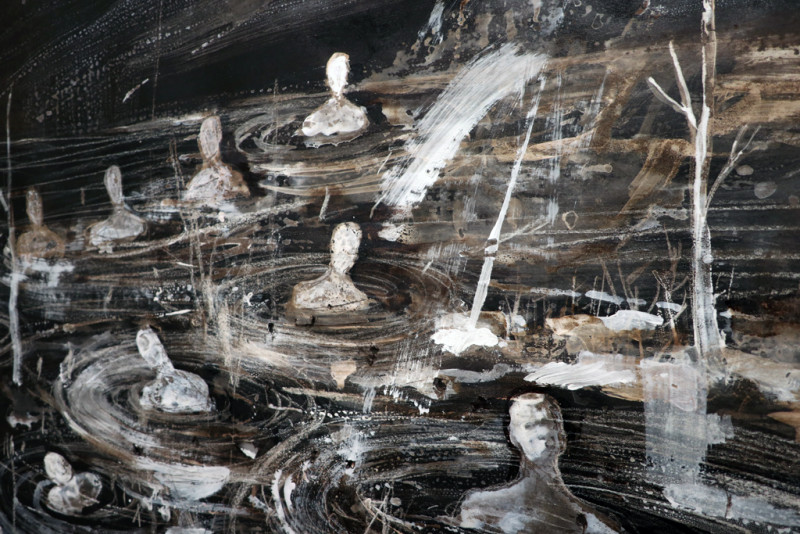 With white oil pastels and acrylic paints on bitumen are depicted the torsos of several people sinking in the swamp
