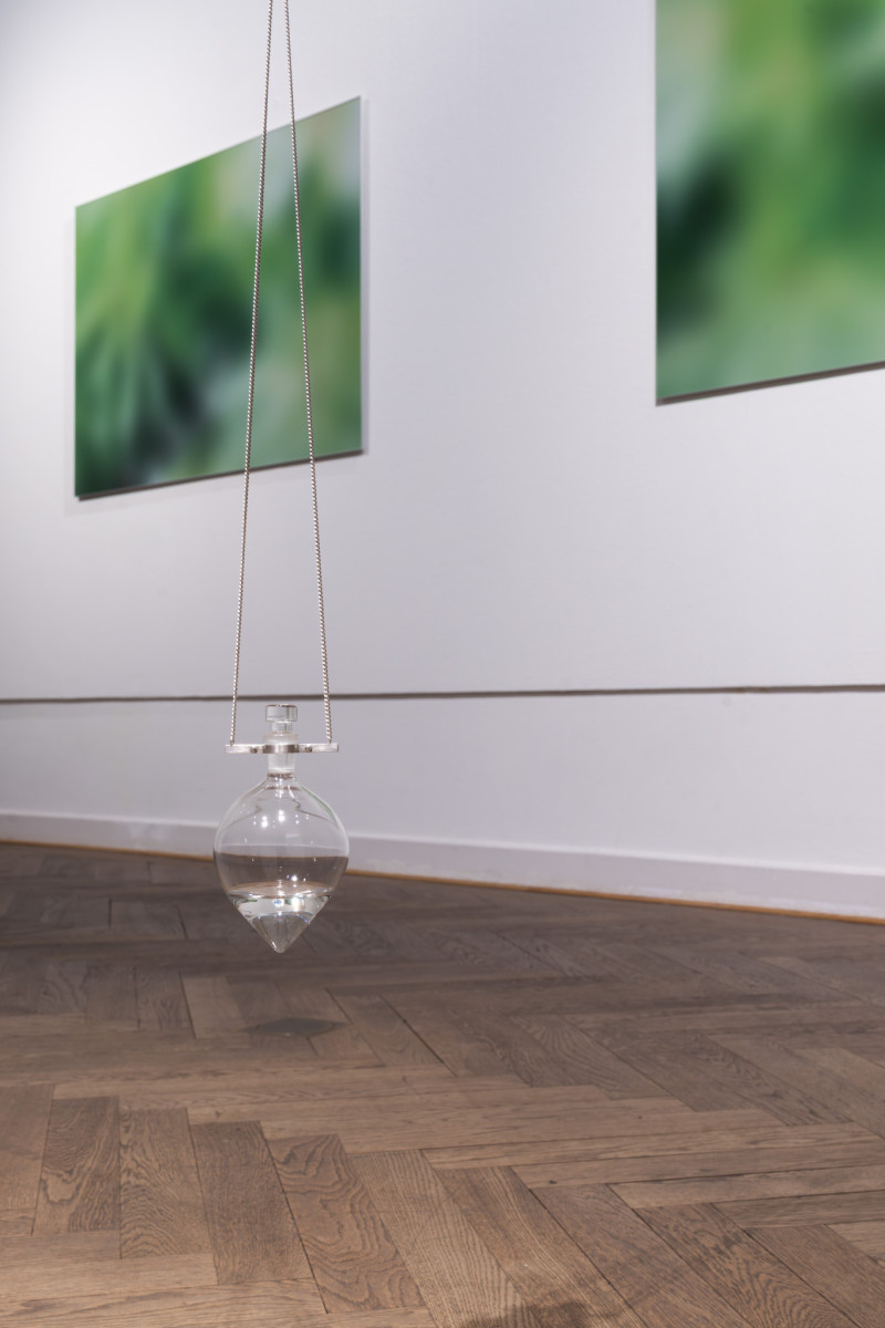 Im Vordergrund ist ein Glasgefäß zu sehe, was über den Boden schwebt. Dahiner sind zwei grün verschwommene Fotografien zu sehen.