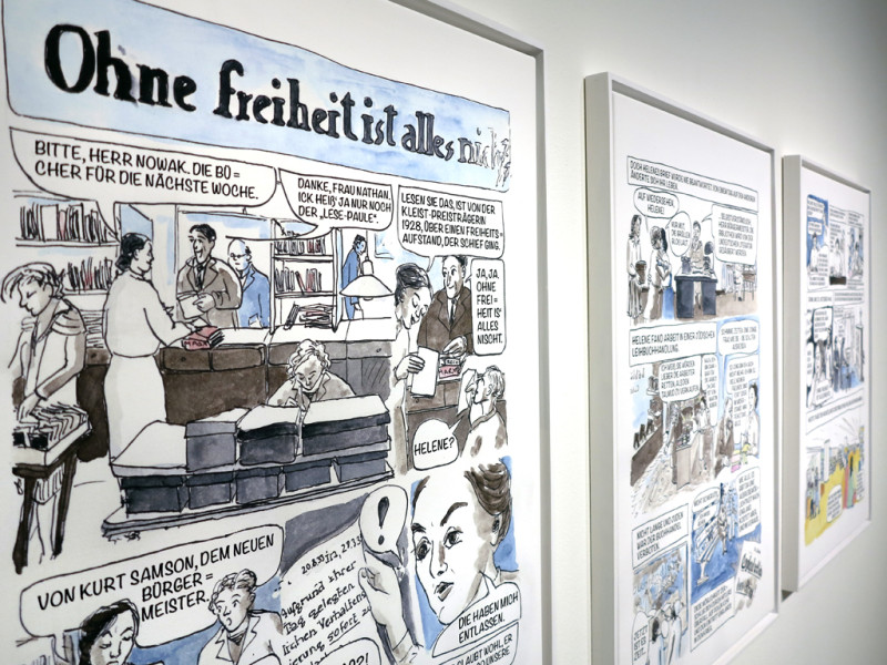 Anna Faroqhi, Andresdenkerinnen - Helene Nathan, Anna Seghers, Hannah Arendt, Farbdruck auf Leinwand, 2017, Detailansicht