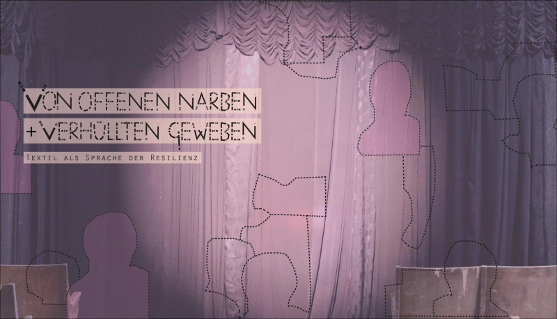 or einem Vorhang sind verschiedene Silhuetten von Menschen zu erkennen